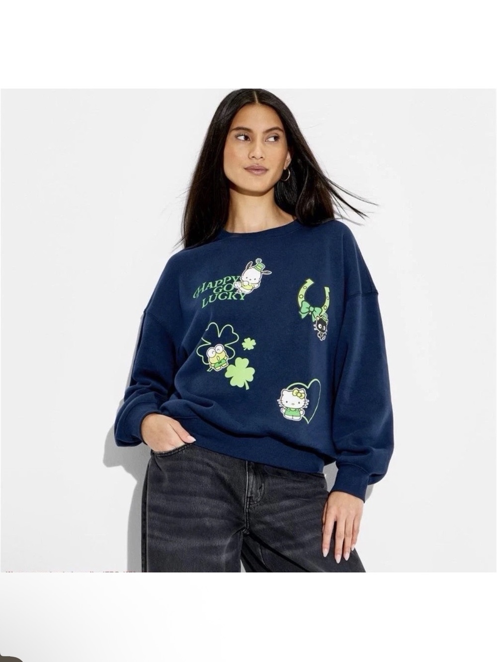 NWT Hello Kitty Women’s Navy Graphic Sweatshirt with St Paddy’s Prints Size M